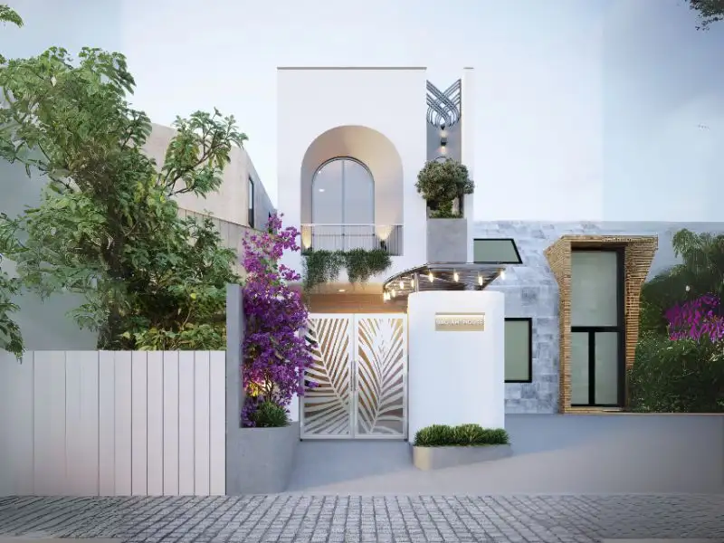 Mẫu nhà 2 tầng 50m2 bố trí 1 phòng khách 2 phòng ngủ có mặt tiền thiết kế đường cong ấn tượng Xây dựng Nhất Tín 1
