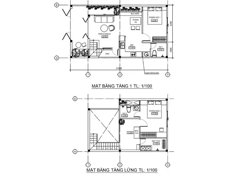 Phương án bố trí nhà 2 phòng ngủ 2 tầng_ có gác lửng Xây dựng Nhất Tín