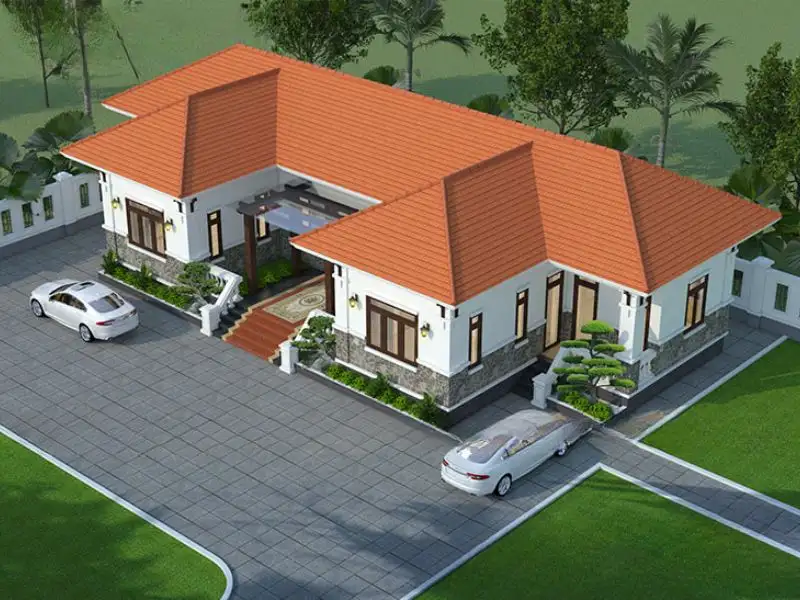 Nhà 1 tầng 4 phòng ngủ 1 phòng thờ kiểu chữ U mái ngói hoài cổ Xây dựng Nhất Tín 1