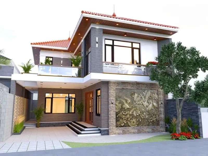 Thiết kế nhà đẹp 2 tầng 5 phòng ngủ chữ L kết hợp gạch kiến trúc Xây dựng Nhất Tín 1