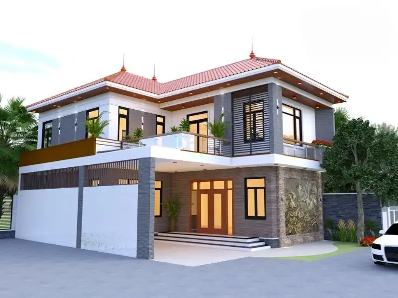 Thiết kế nhà đẹp 2 tầng 5 phòng ngủ chữ L kết hợp gạch kiến trúc Xây dựng Nhất Tín 1