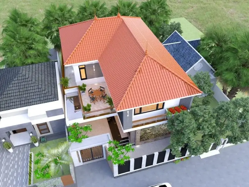 Thiết kế nhà đẹp 2 tầng 5 phòng ngủ chữ L kết hợp gạch kiến trúc Xây dựng Nhất Tín 1