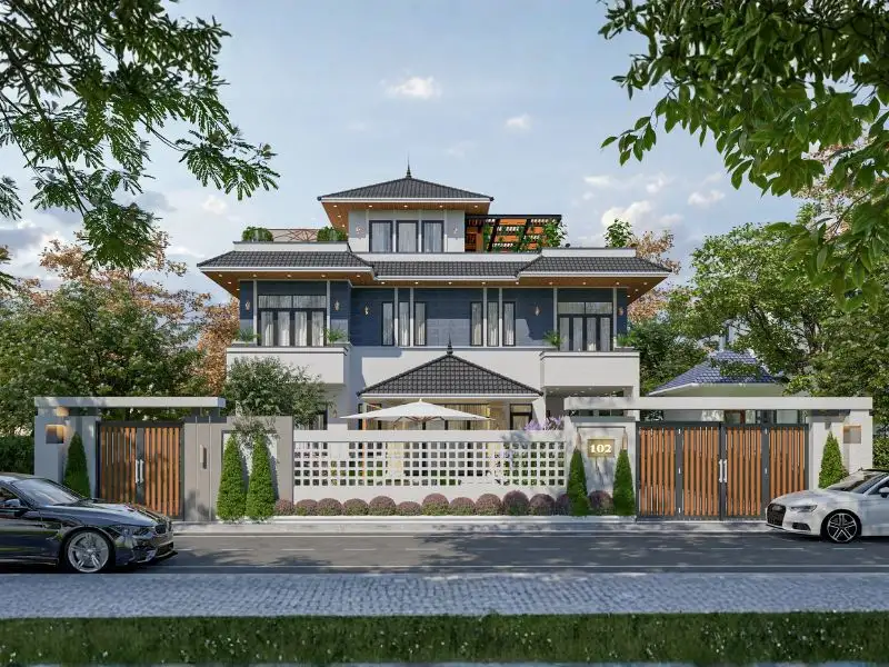 Biệt thự ngang 11m sâu 8m có sân vườn với mặt tiền ốp đá xanh đầy cuốn hút xây dựng Nhất Tín 2