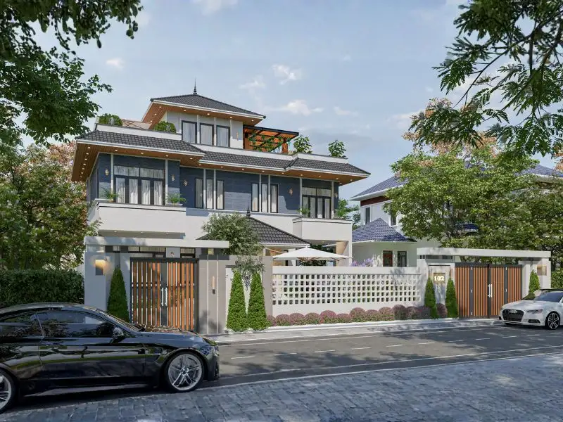 Biệt thự ngang 11m sâu 8m có sân vườn với mặt tiền ốp đá xanh đầy cuốn hút xây dựng Nhất Tín 2