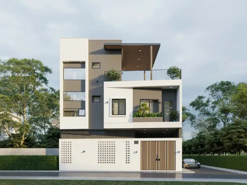 Kiến trúc nhà ngang 12m x 5m 2 tầng 1 tum có sân thượng với vị trí căn góc thông thoáng Xây dựng Nhất Tín 1