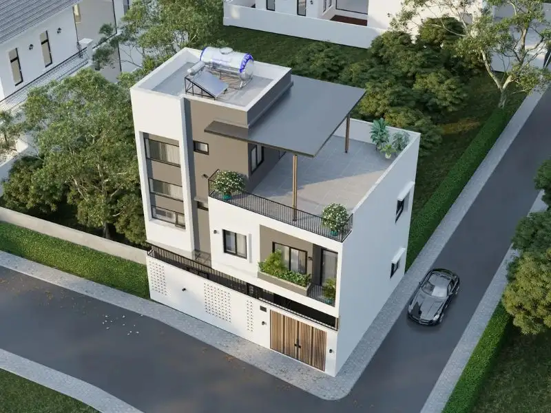 Kiến trúc nhà ngang 12m x 5m 2 tầng 1 tum có sân thượng với vị trí căn góc thông thoáng Xây dựng Nhất Tín 1