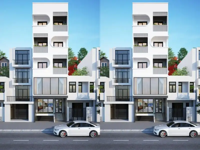 Mặt tiền mẫu nhà 6m có hầm với thiết kế cách điệu ở các tầng Xây dựng Nhất Tín 1