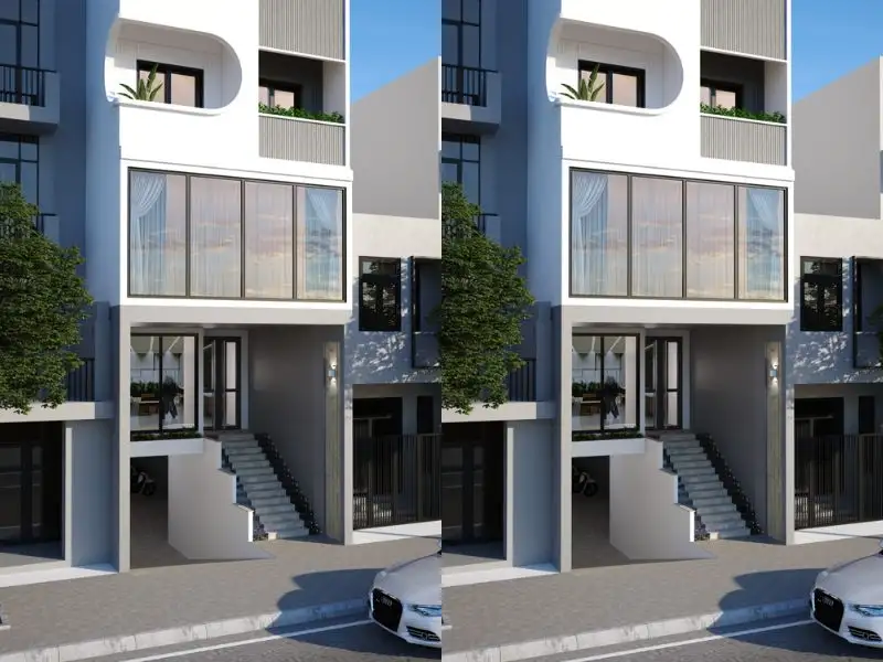 Mặt tiền mẫu nhà 6m có hầm với thiết kế cách điệu ở các tầng Xây dựng Nhất Tín 1