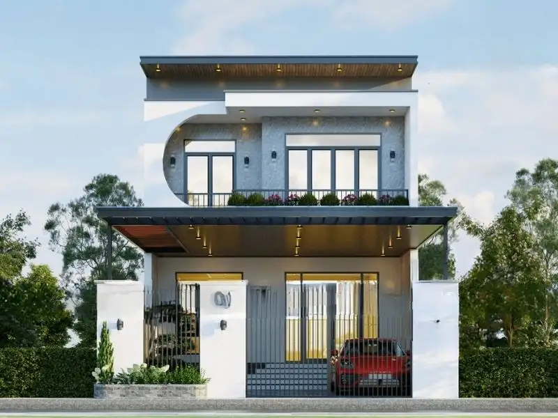 Mẫu nhà 2 tầng 4 phòng ngủ 80m2 mặt tiền trang trí hình bán nguyệt tạo điểm nhấn xây dựng Nhất Tín 1