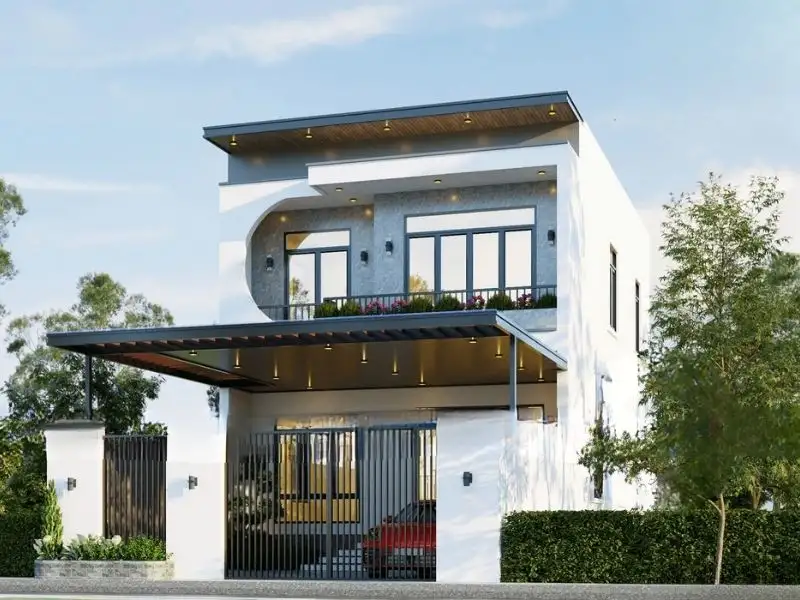 Mẫu nhà 2 tầng 4 phòng ngủ 80m2 mặt tiền trang trí hình bán nguyệt tạo điểm nhấn xây dựng Nhất Tín 1