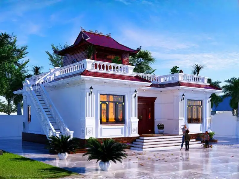 Mẫu nhà hình chữ U đẹp ở nông thôn kết hợp phòng thờ Xây dựng Nhất Tín 1