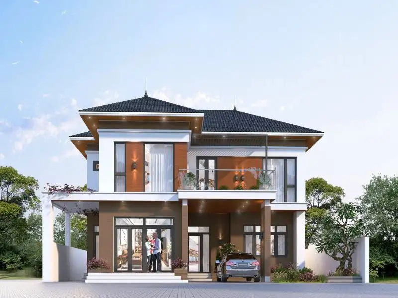 Mẫu nhà mặt tiền 15x10m 2 tầng ốp gạch kiến trúc nâu ấn tượng Xây dựng Nhất Tín 1