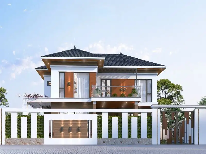 Mẫu nhà mặt tiền 15x10m 2 tầng ốp gạch kiến trúc nâu ấn tượng Xây dựng Nhất Tín 1