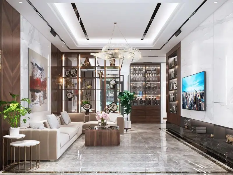 Mẫu nhà mặt tiền 15x10m 2 tầng ốp gạch kiến trúc nâu ấn tượng Xây dựng Nhất Tín 1