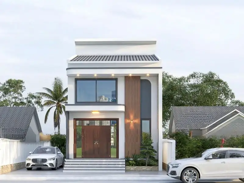 Mẫu nhà phố 60m2 mái ngói có gác lửng nổi bật với thiết kế lam dọc trang trí mặt tiền Xây dựng Nhất Tín 1