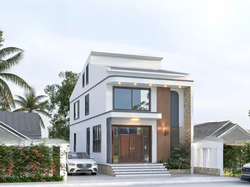 Mẫu nhà phố 60m2 mái ngói có gác lửng nổi bật với thiết kế lam dọc trang trí mặt tiền Xây dựng Nhất Tín 1