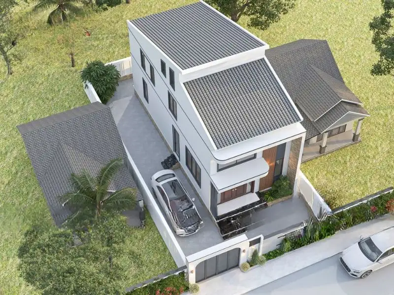 Mẫu nhà phố 60m2 mái ngói có gác lửng nổi bật với thiết kế lam dọc trang trí mặt tiền Xây dựng Nhất Tín 1