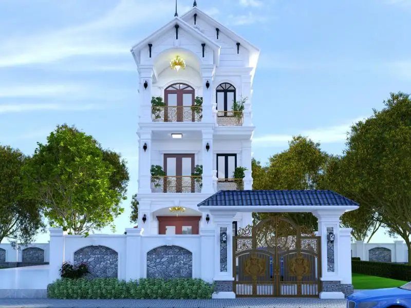 Mẫu nhà phố 80m2 3 tầng (5x16m) mái Thái phong cách Tân Cổ Điển Xây dựng Nhất Tín 1