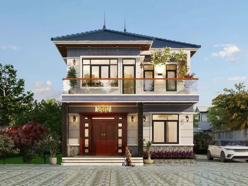 Mẫu nhà vuông 2 tầng đẹp ở nông thôn kết hợp vật liệu cao cấp Xây dựng Nhất Tín 1