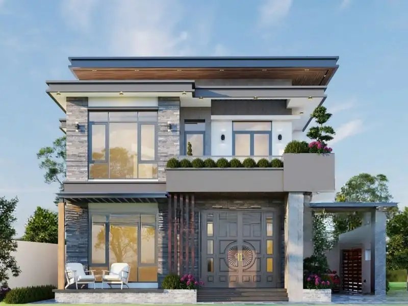 Nhà 2 tầng 11x8m 4 phòng ngủ mái Bằng sử dụng ban công kính thoáng đãng Xây dựng Nhất Tín 1