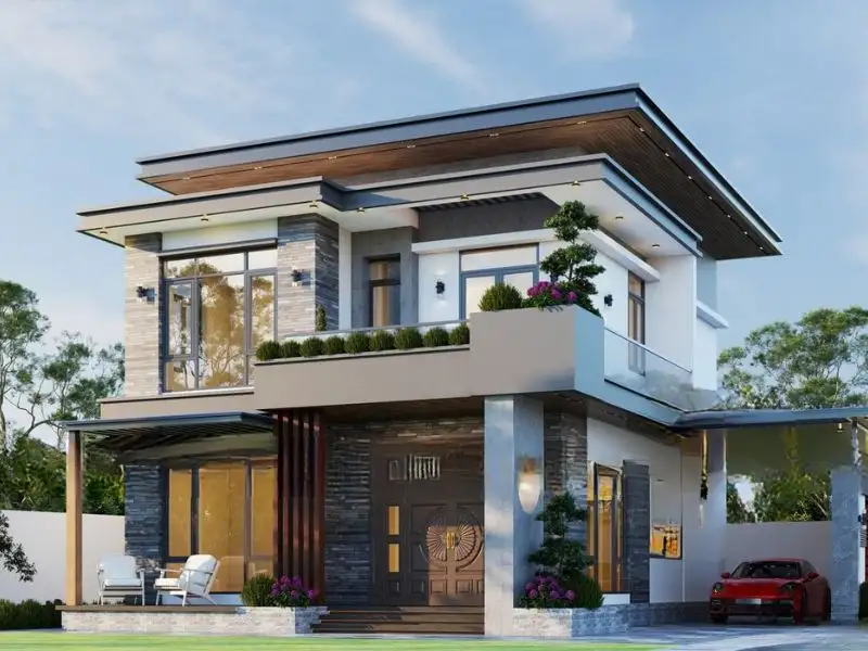 Nhà 2 tầng 11x8m 4 phòng ngủ mái Bằng sử dụng ban công kính thoáng đãng Xây dựng Nhất Tín 1