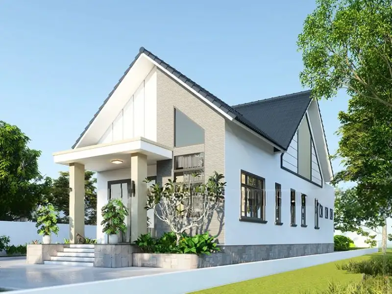 Nhà chữ A đẹp 1 tầng có gác lửng kết hợp gạch kiến trúc ấn tượng Xây dựng Nhất Tín 1