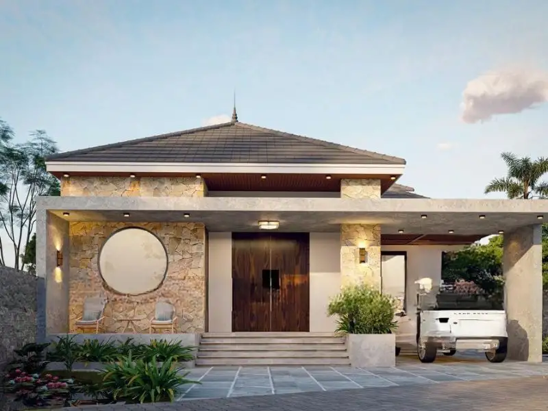 Thiết kế nhà ngang 11m sâu 8m với mặt tiền ốp đá tông vàng ấm cúng Xây dựng Nhất Tín 1