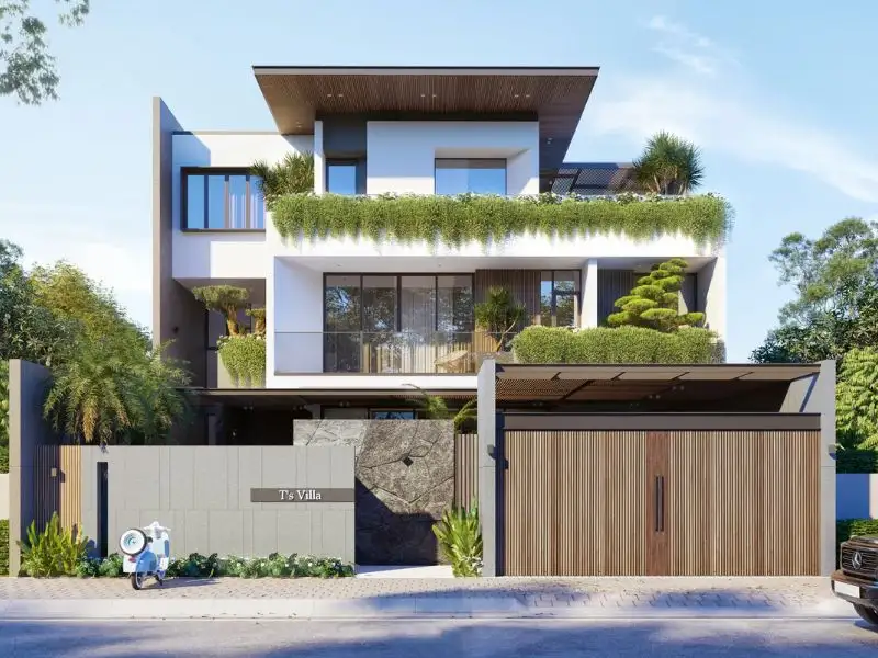 Thiết kế nhà ngang 15m x 10m 3 tầng sử dụng vật liệu gỗ làm tăng vẻ ngoài ấm cúng Xây dựng Nhất Tín 1