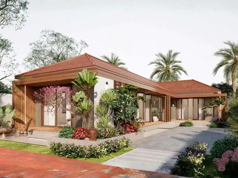 Biệt thự sân vườn chữ L mái ngói màu gạch nung phảng phất nét đẹp truyền thống Việt Xây dựng Nhất Tín 1