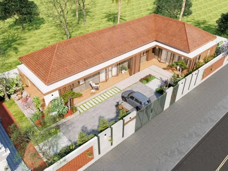 Biệt thự sân vườn chữ L mái ngói màu gạch nung phảng phất nét đẹp truyền thống Việt Xây dựng Nhất Tín 1