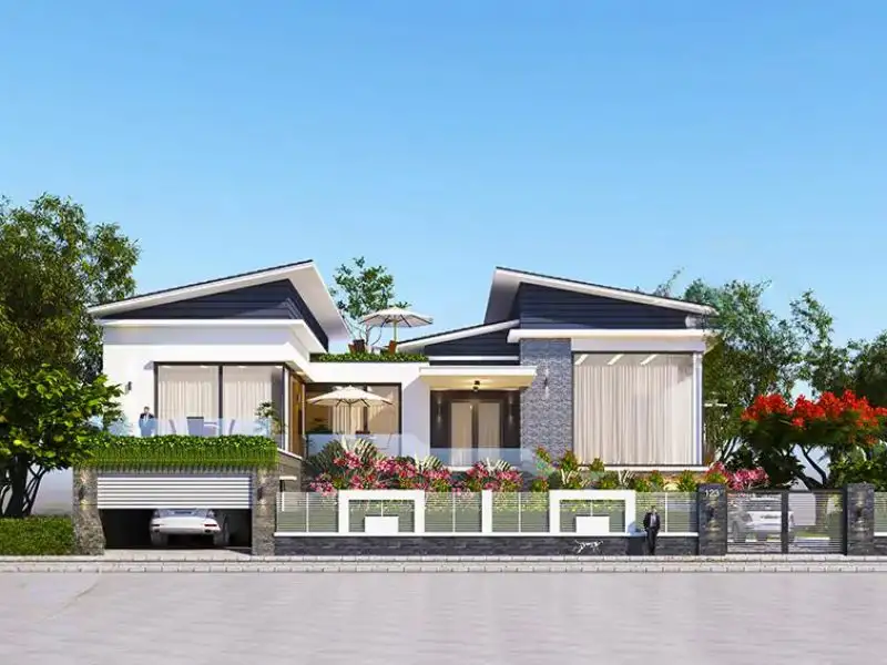 Mẫu nhà 140m2 3 phòng ngủ (14x10m) mái chéo có gara để xe bố trí tối ưu Xây dựng Nhất Tín 1