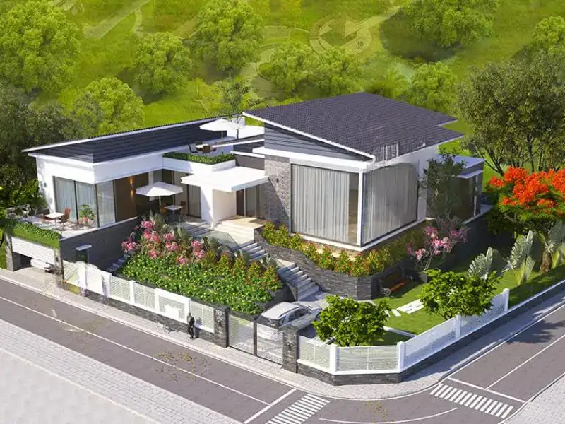 Mẫu nhà 140m2 3 phòng ngủ (14x10m) mái chéo có gara để xe bố trí tối ưu Xây dựng Nhất Tín 1