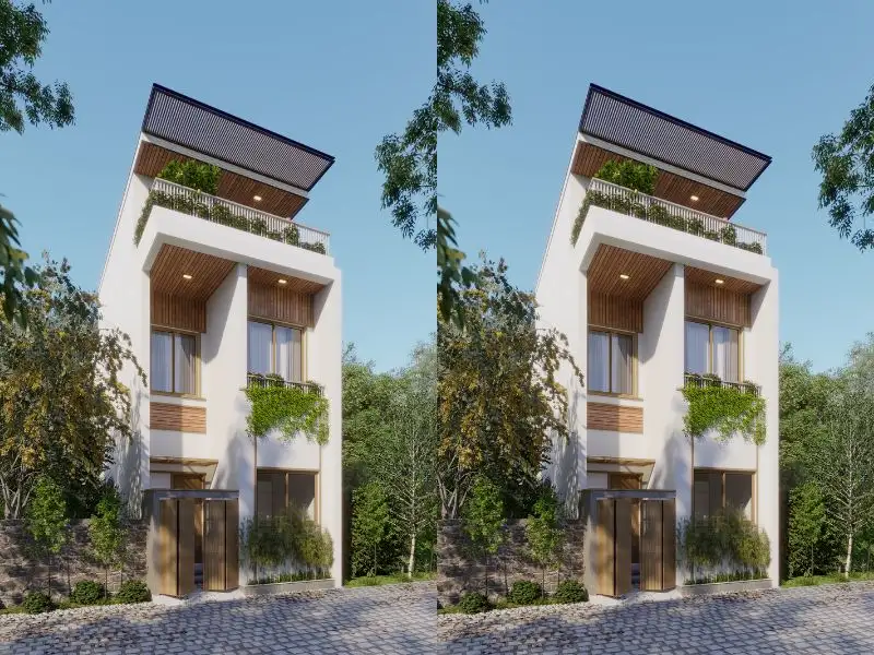 Mẫu nhà 5x24m thiết kế kết hợp lam gỗ dọc trang trí mang đến màu sắc ấm cúng Xây dựng Nhất Tín 1