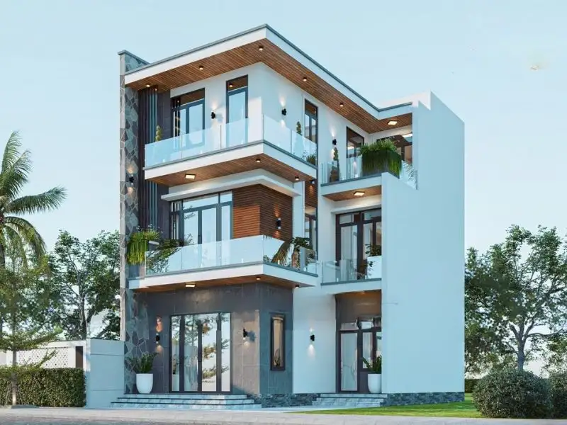 Mẫu nhà chữ L 3 tầng diện tích 96m2 với mái bằng tinh tế Xây dựng Nhất Tín 1