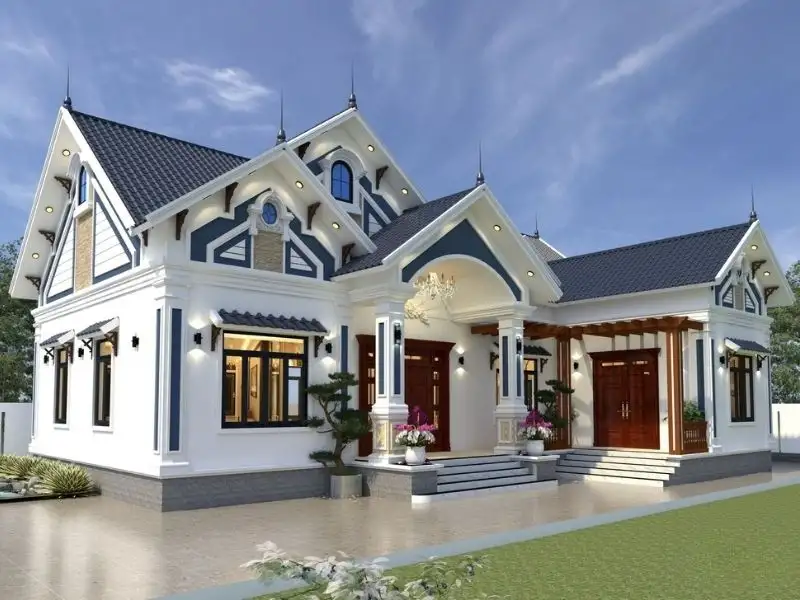 Mẫu nhà mái Thái chữ L đẹp với thiết kế phào chỉ nổi bật đầy thẩm mỹ Xây dựng Nhất Tín 1