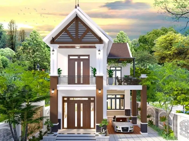 Nhà phố 100m2 đẹp 2 tầng chữ L mái Thái có gara để xe tiện nghi bên hông Xây dựng Nhất Tín 2