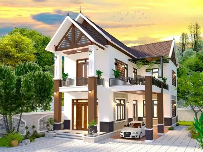 Nhà phố 100m2 đẹp 2 tầng chữ L mái Thái có gara để xe tiện nghi bên hông Xây dựng Nhất Tín 2