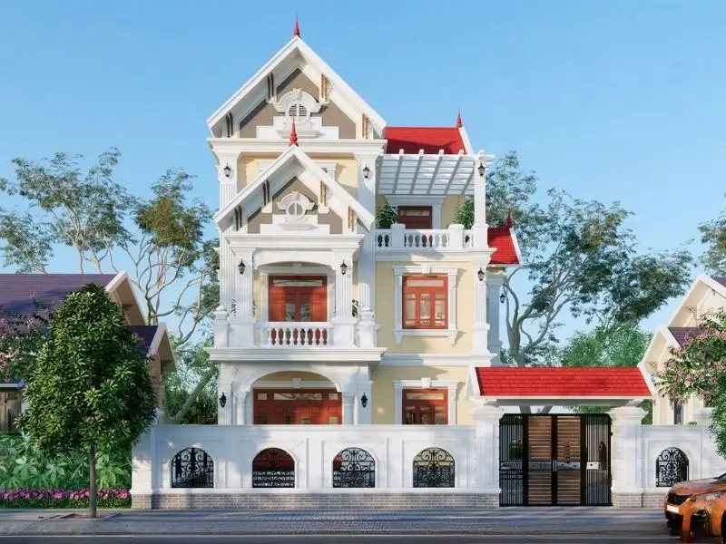 Phối cảnh ngoại thất nhà mái Thái mặt tiền rộng 12m Xây dựng Nhất Tín 1