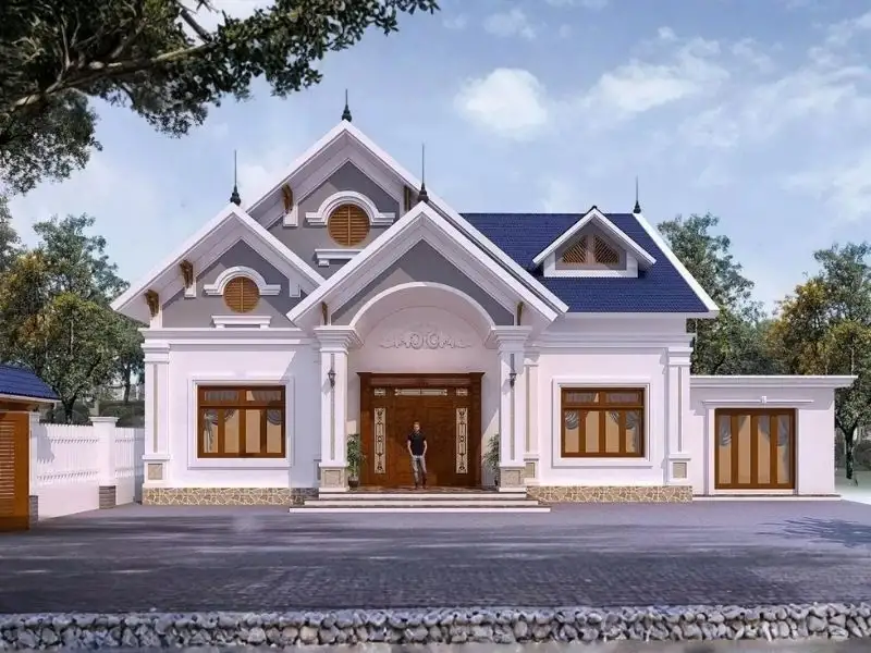 Phối cảnh ngoại thất nhà mái Thái mặt tiền rộng 12m Xây dựng Nhất Tín 1