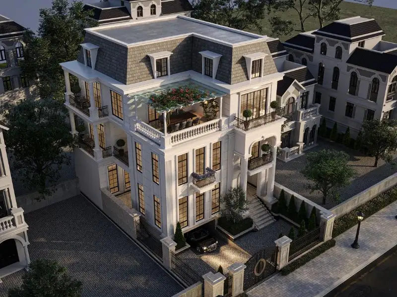 Thiết kế nhà 200m2 kiểu Pháp chuẩn sống sang với phòng khách lớn Xây dựng Nhất Tín 1