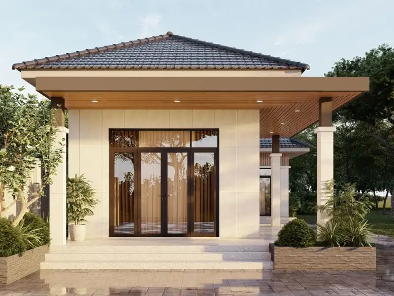 Thiết kế nhà cấp 4 chữ L 60m2 ấn tượng với mặt tiền ốp gạch trang trí Xây dựng Nhất Tín 1