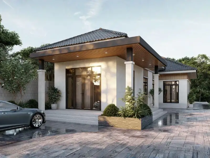 Thiết kế nhà cấp 4 chữ L 60m2 ấn tượng với mặt tiền ốp gạch trang trí Xây dựng Nhất Tín 1