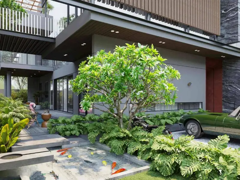 Thiết kế nhà phố 200m2 3 tầng (10x20m) với khuôn viên xanh mát bao phủ khắp mọi góc nhà Xây dựng Nhất Tín 1