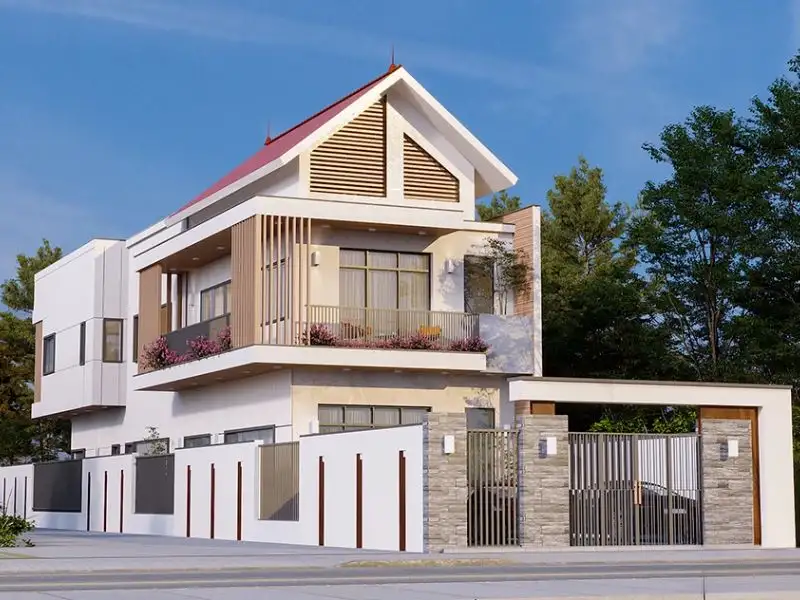 Mẫu nhà 1 trệt 1 lầu giả mái Thái 2 phòng ngủ tiết kiệm chi phí Xây dựng Nhất Tín 1