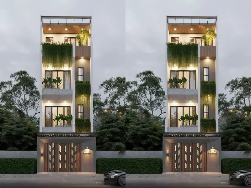 Mẫu nhà lệch tầng 5x12 4 tầng sử dụng lam gỗ dọc trên trần mang đến nét đẹp hài hòa Xây dựng Nhất Tín 1