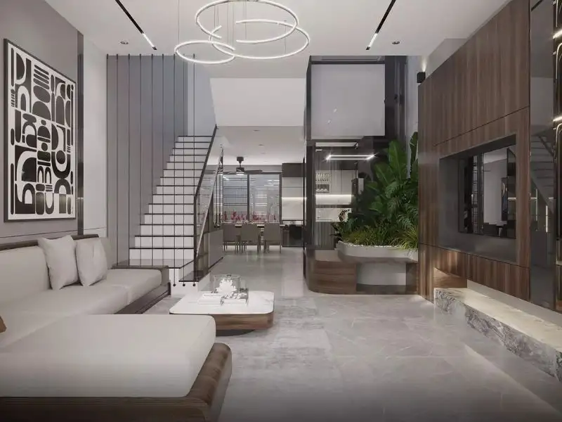 Mẫu nhà lệch tầng 5x12 4 tầng sử dụng lam gỗ dọc trên trần mang đến nét đẹp hài hòa Xây dựng Nhất Tín 1