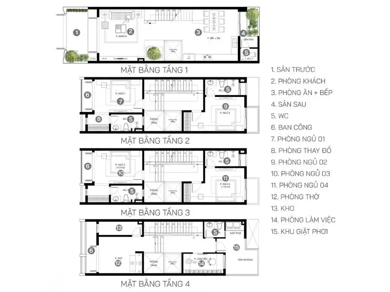 Mẫu nhà lệch tầng 5x12 4 tầng sử dụng lam gỗ dọc trên trần mang đến nét đẹp hài hòa Xây dựng Nhất Tín 1