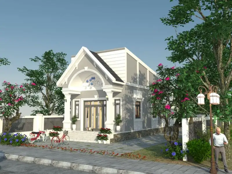 Mẫu nhà mái giả Thái 1 tầng Hiện Đại với phần mái lợp tôn giúp dễ dàng thi công Xây dựng Nhất Tín 1