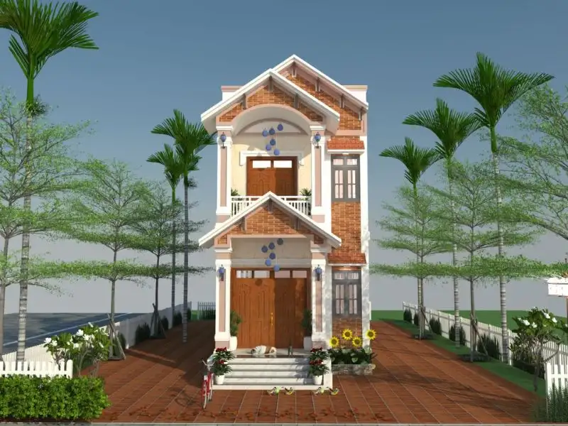 Mẫu nhà nóc Thái giả với mặt tiền 5,5m ốp gạch đỏ cuốn hút Xây dựng Nhất Tín 1