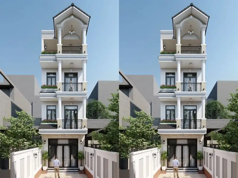 Nhà phố giả Thái diện tích 4x10m có khoảng sân trước giúp tăng độ thông thoáng cho ngôi nhà Xây dựng Nhất Tín 1